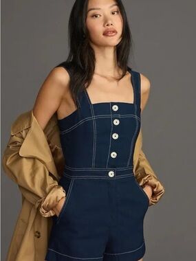 Anthropologie Maeve Denim Button Front Romper | Contrast Stitch | Size 0